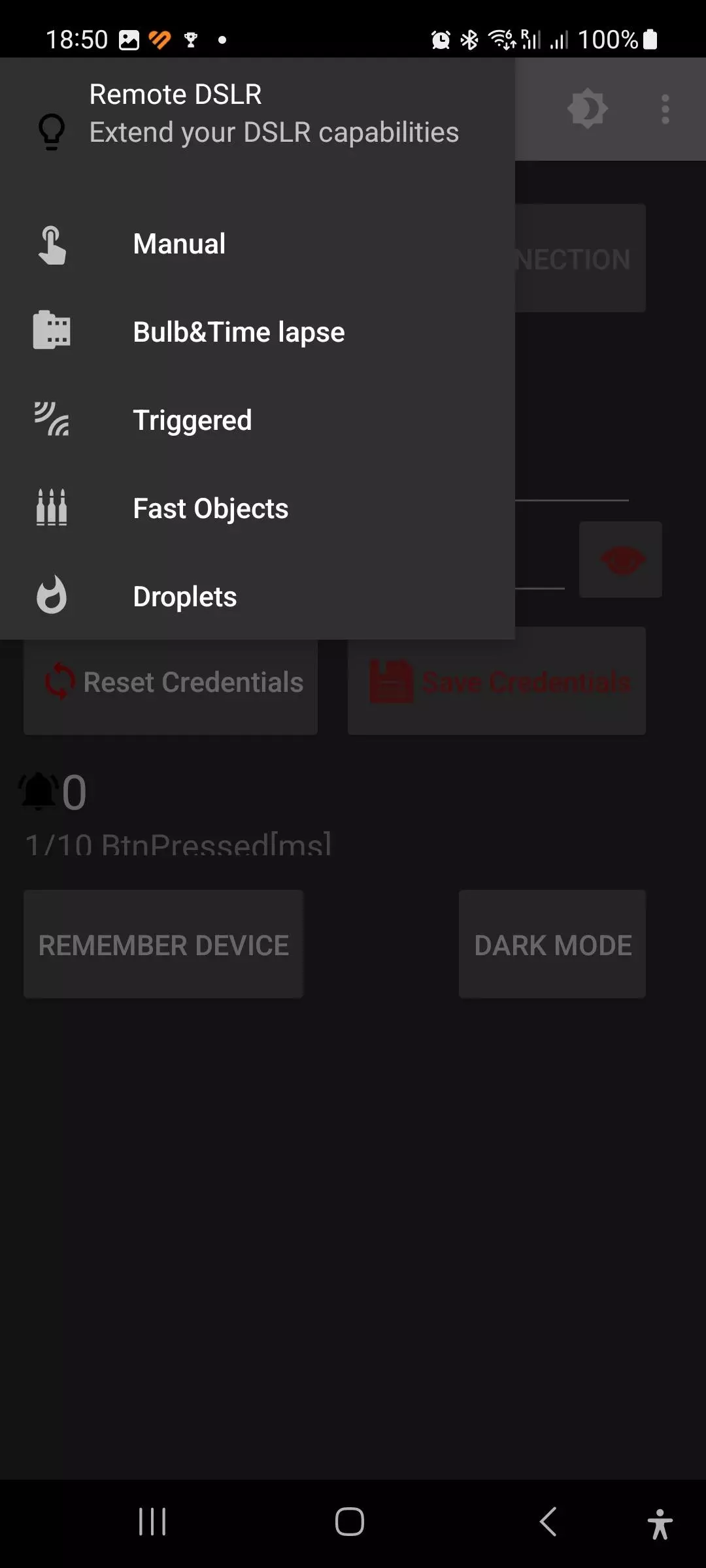 Remote DSLR Android App Main Menu